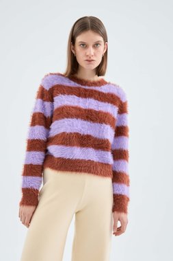 Textured knit sweater with brown stripe pattern (2)